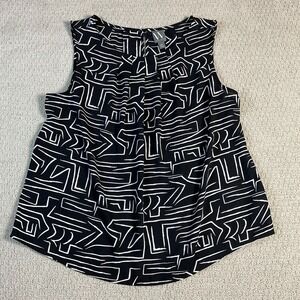 WORTHINGTON Women's Black‎ White Geometric Print Sleeveless Pleated Neck Top PXL